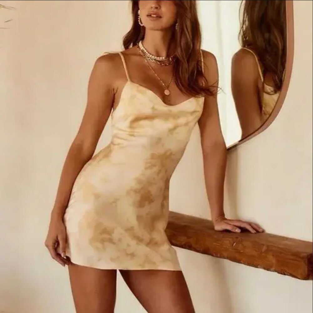 NWT 12th Tribe Gold Tie Dye Cowl Neck Drape Tie Back Satin Amor Mini Dress